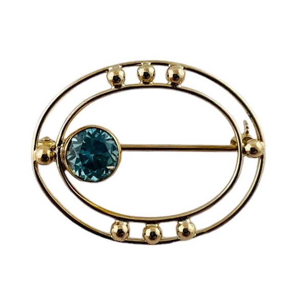 10K Yellow Gold Open Oval Blue Zircon Brooch #15684 - Picture 5 of 9